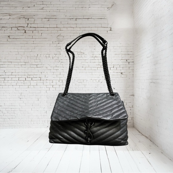 REBECCA MINKOFF Black Chains Leather Chevron Quilted Edie Bag R $298 - Picture 2 of 16